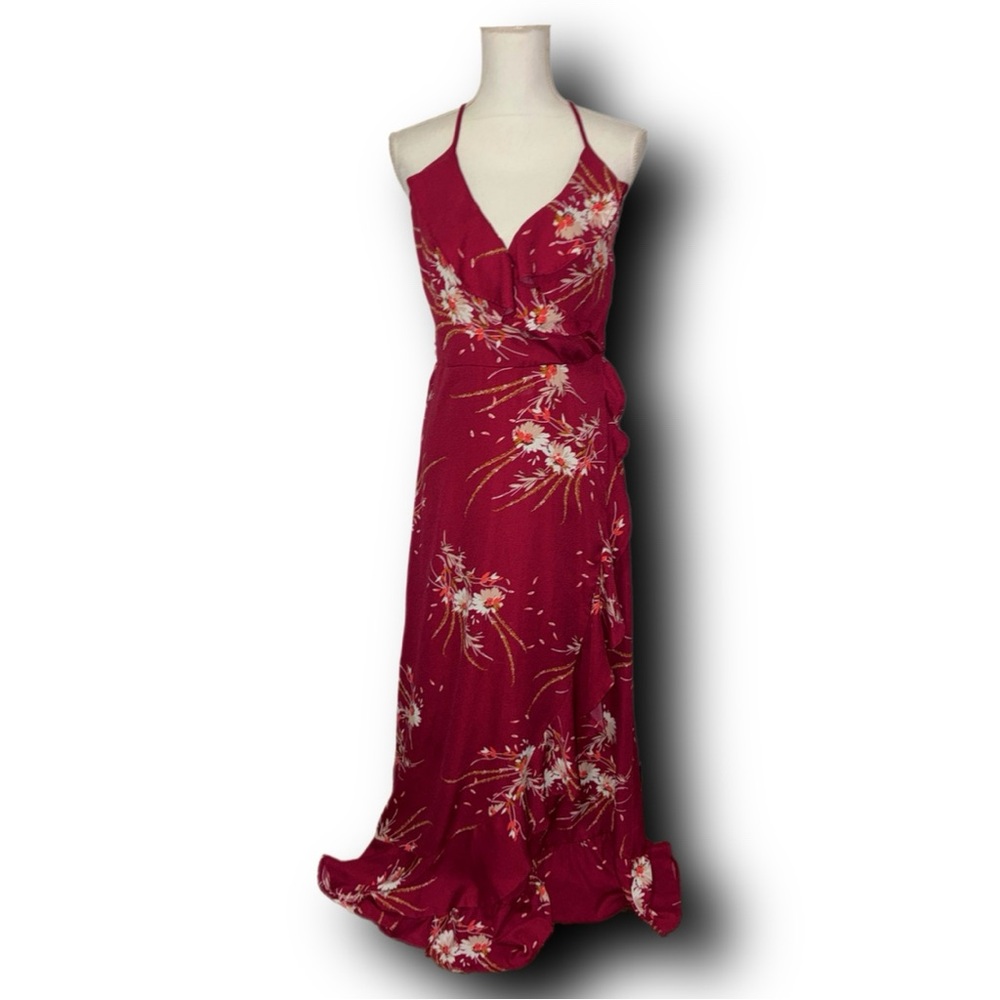 American Rag Cie Floral Ruffle Halter Neck Spaghetti Strap Maxi Dress Boho Beach